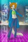 anthro bottomwear clothing denim denim_bottomwear denim_clothing female flat_chested footwear fur hair jacket jeans midriff oversized_clothing pants shirt shoes smile sneakers solo standing tail tank_top text topwear kawaoneechan farrah_furcett felid felin mammal 2023 digital_media_(artwork) hi_res