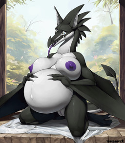 anthro areola belly big_belly big_breasts blue_eyes breasts female female_anthro front_view genitals huge_belly kneeling long_snout membrane_(anatomy) membranous_wings navel nipples non-mammal_breasts non-mammal_navel non-mammal_nipples non-mammal_vulva nude pregnant pregnant_anthro pregnant_female purple_areola purple_nipples purple_tongue snout solo spade_tail spikes tail tongue tongue_out vulva winged_arms wings yellow_sclera truegrave9 european_mythology mythology zera_stormfire dragon mythological_creature mythological_scalie scalie western_dragon wyvern hi_res