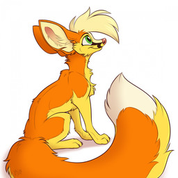 big_tail claws female feral fur green_eyes hair markings multicolored_body multicolored_fur orange_body orange_fur pink_nose quadruped simple_background sitting snout solo tail tan_markings white_background yellow_body yellow_fur mimi-fox canid canine fennec_fox fox mammal true_fox 1:1 hi_res