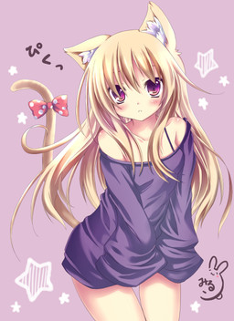 accessory bare_shoulders blush bow_(feature) bow_accessory bow_ribbon cat_tail clothing female frown furgonomics hair long_hair looking_at_viewer purple_eyes ribbons solo sweater tail tail_accessory tail_bow tail_ribbon text topwear miruko36 animal_humanoid cat_humanoid felid felid_humanoid feline feline_humanoid humanoid mammal mammal_humanoid hi_res japanese_text signature translated
