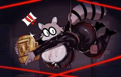 5_fingers anthro big_breasts big_butt black_body bodily_fluids breasts butt chest_tuft cleavage clothed clothing exclamation_point female fingers fur green_eyes jumpsuit panicking pointy_nose pouch_(clothing) snout solo sweat sweatdrop sweaty_breasts tail thick_thighs tuft zipper trifecta_(artist) uva_the_raccoon mammal procyonid raccoon absurd_res hi_res