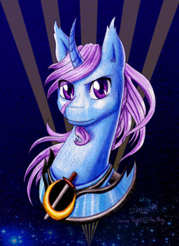 ambiguous_gender blue_body blue_fur dagger feral fur hair horn melee_weapon pink_hair purple_eyes solo weapon auriaslayer hasbro my_little_pony mythology azure_night fan_character equid equine mammal mythological_creature mythological_equine unicorn bust_portrait colored_pencil_(artwork) digital_media_(artwork) mixed_media portrait traditional_media_(artwork)