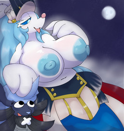 areola big_breasts blue_areola blue_body blue_eyes blue_hair blue_nipples blue_sclera breasts clothing female full_moon hair hand_on_another's_head headgear headwear huge_breasts long_hair moon navel nipples pokemorph solo tongue white_body flofluffy nintendo pokemon ashirene_(primarinamhf) aquatic generation_5_pokemon generation_7_pokemon mammal pinniped pokemon_(species) primarina samurott absurd_res hi_res