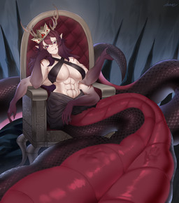 after_vore apode belly big_belly breasts chair crown duo female female_pred furniture headgear horn legless mutli_arm overweight serpentine split_form throne vore 4kkc draconcopode humanoid lamia reptile scalie snake 2024 absurd_res hi_res