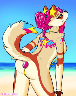 accessory anally_anchored_clothing anthro beach bikini brown_body brown_fur butt buttplug buttplug_bikini buttplug_clothing buttplug_swimwear clothing day female fur gem hair hair_accessory hair_tie jewel_buttplug looking_at_viewer looking_back looking_back_at_viewer markings multicolored_tail one-piece_swimsuit outside pink_hair plug_(sex_toy) ponytail presenting presenting_buttplug presenting_hindquarters raised_tail sea sex_toy sling_bikini solo star_(marking) swimwear tail two-piece_swimsuit water kamenking colorbomb_(kamenking) canid canine canis coyote mammal 4:5