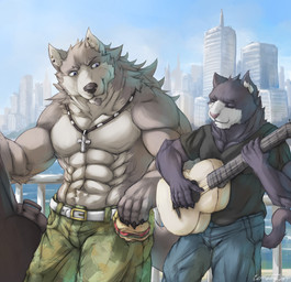 abs acoustic_guitar anthro athletic beard belt biceps big_muscles black_nose blue_eyes bottomwear burger camo camo_bottomwear camo_clothing camo_pants camo_print city claws clothed clothing duo ear_piercing eyes_closed facial_hair food fur grey_body grey_fur guitar jewelry male muscular muscular_male musical_instrument necklace pants pattern_bottomwear pattern_clothing pattern_pants paws pecs piercing playing_guitar playing_music plucked_string_instrument pose shirt sitting smile string_instrument topless topwear cinna-tree canid canine canis domestic_cat felid feline felis mammal wolf 2014