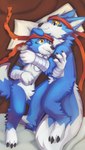 anthro arm_tuft blue_body blue_ears blue_eyes blue_fur blue_tail cheek_tuft chest_tuft closed_smile crotch_tuft duo elbow_tuft facial_tuft floppy_ears fur glistening glistening_eyes lying male mouth_closed nude on_side smile tail tuft white_body white_fur white_inner_ear white_tail yellow_eyes yellow_sclera kuttoyaki bandai_namco digimon connor_(battouga-sharingan) connor_the_gaomon canid digimon_(species) gaomon mammal absurd_res hi_res