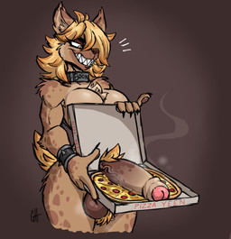 anthro ball_tuft balls big_balls big_penis blonde_hair box breasts brown_background brown_body brown_fur chest_tuft cleavage clothed clothing collar container dick_in_a_box food food_fetish food_play foreskin fur genitals gynomorph hair hair_over_eye huge_penis humanoid_genitalia humanoid_penis humor intersex nude one_eye_obstructed penis pizza pizza_box presenting presenting_penis pubes sharp_teeth simple_background solo teeth text text_on_collar tuft ghastlygh boon_digges hyena mammal spotted_hyena hi_res