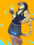 5_fingers anthro black_clothing blue_fire bottomwear clothing colored_fire countershading fingerless_gloves fingers fire gloves hand_in_pocket handwear hoodie male muscular muscular_anthro muscular_male pockets shorts simple_background solo topwear yellow_background tiggon_the_great nekojishi studio_klondike likulau clouded_leopard deity felid mammal pantherine 2019 3:4 hi_res