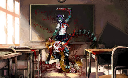 anthro black_body black_fur blood blood_on_clothing blood_on_hand blood_on_knife blood_splatter blue_body blue_eyes blue_fur bodily_fluids bottomwear breasts brown_body brown_fur chair classroom claws clothed clothing death desk detailed_background duo ears_up eyes_closed female female/female fight floor fluffy fluffy_tail fur furniture gore happy heterochromia holding_object holding_weapon inner_ear_fluff inside killing kneeling knife legwear long_tail looking_at_another looking_pleasured markings multicolored_body multicolored_fur necktie pawpads paws school school_uniform shirt skirt standing stockings striped_markings striped_tail stripes table tail tail_markings tan_body tan_fur text toe_claws topwear tuft two_tone_body two_tone_fur uniform violence weapon whisker_markings wounded yandere yellow_eyes jeffusherb domestic_cat felid feline felis hybrid mammal pantherine tiger detailed digital_media_(artwork) hi_res pixel_(artwork)