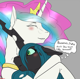 blue_hair blush confusion duo eyes_closed female feral green_eyes grey_background hair hug interrobang multicolored_hair simple_background smile text thought_bubble backlash91 conditional_dnp friendship_is_magic hasbro my_little_pony princess_celestia_(mlp) queen_chrysalis_(mlp) arthropod changeling_(mlp) equid mammal 2016 digital_media_(artwork) english_text