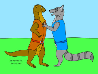 animal_genitalia anthro balls belt blue_clothing brown_clothing clothing duo fur genitals grass grey_body grey_fur male male/male outside penis plant sheath sky smile standing tail talking_to_another teeth urbanhermit mammal mustelid otter procyonid raccoon 2001 colored dated