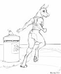 2015 5:6 anthro backsack balls black_and_white bottomless canid canine canis clothed clothing digital_drawing_(artwork) digital_media_(artwork) dobermann domestic_dog genitals hi_res male mammal monochrome pinscher prick_ears solo zaush