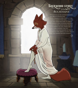 4_fingers anthro bedroom candle clothed clothing cushion day detailed_background dressing ears_up eyes_closed female fingers fluffy fluffy_tail furniture inside legwear light showing_skin side_view silk solo stockings stool sunlight tail text translucent translucent_clothing underwear window sir_paulus disney robin_hood_(disney) maid_marian canid canine fox mammal english_text hi_res
