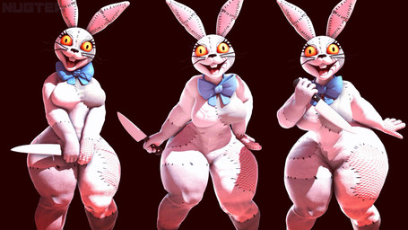 anthro bent_over big_breasts bow_tie breasts brown_background buckteeth female fingers holding_knife holding_object knife looking_at_viewer open_mouth open_smile orange_sclera simple_background smile solo stitch_(sewing) teeth thick_thighs whiskers wide_hips nugter five_nights_at_freddy's scottgames vanny_(fnaf) lagomorph leporid mammal rabbit 16:9 2025 3d_(artwork) digital_media_(artwork) hi_res source_filmmaker_(artwork) watermark widescreen