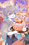 anthro cake clothed clothing dessert detailed_background food giftbox happy_birthday holding_cake holding_food holding_object male solo young emolga_1 hs58119148 lagomorph leporid mammal rabbit 2021 absurd_res hi_res watermark