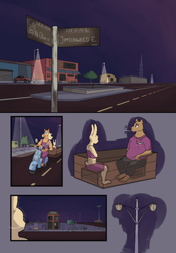 anthro clothed clothing detailed_background female fur group hair male moped motor_vehicle muscular muscular_male piercing scenery simple_background street street_lamp street_sign tail text trio vehicle wagon whistling wristband lost_andsafe halcyon_(series) bores_(halcyon) sunflower_(halcyon) walker_(halcyon) bear equid equine horse lagomorph leporid mammal rabbit 2025 absurd_res comic digital_media_(artwork) english_text hi_res