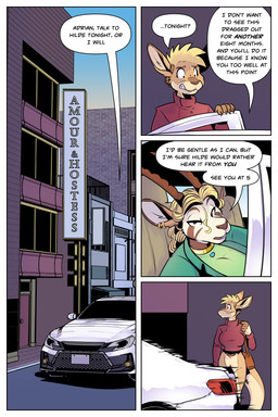 anthro blonde_hair bottomless brown_body brown_fur car clothed clothing day dialogue duo ear_piercing ear_ring female fingers fur hair half-closed_eyes horn multicolored_body multicolored_fur narrowed_eyes outside piercing ring_piercing speech_bubble standing tail tan_body tan_fur text two_tone_body two_tone_fur vehicle white_body conditional_dnp jonas rick_griffin ah_club adrian_gray janice_(ah_club) antelope bovid kangaroo macropod mammal marsupial 2:3 comic english_text hi_res