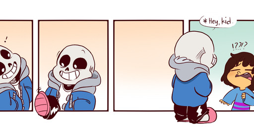 bone border breaking_the_fourth_wall brown_hair clothed clothing coat confusion duo footwear fully_clothed gradient_background hair humor interrobang jacket not_furry open_mouth outside_panel shoes simple_background skeleton slippers smile standing surprised teeth topwear white_border mudkipful undertale undertale_(series) frisk_(undertale) sans_(undertale) animated_skeleton human mammal undead 2016 comic