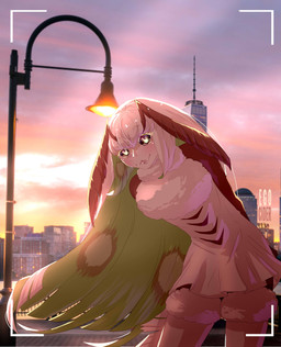 antennae_(anatomy) black_sclera blue_eyes building camera_view city female fur green_hair hair hands_behind_back long_hair looking_at_viewer outside solo standing street_lamp white_body white_fur white_hair egocider vtuber juniper_actias animal_humanoid arthropod arthropod_humanoid humanoid insect insect_humanoid lepidopteran lepidopteran_humanoid moth_humanoid absurd_res hi_res