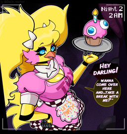 anthro apron beak big_breasts blue_eyes breasts camera_view cheek_tuft cleavage clothed clothing dialogue dress eyeshadow facial_tuft feathers female front_view hand_on_hip holding_plate looking_at_viewer machine makeup pigtails pink_clothing pink_dress purple_eyeshadow rosy_cheeks solo speech_bubble tail tail_feathers talking_to_viewer text tuft white_bow yellow_body yellow_feathers gallo_wazavi five_nights_at_freddy's five_nights_at_freddy's_2 scottgames toy_chica_(fnaf) animatronic avian bird chicken galliform phasianid robot english_text hi_res