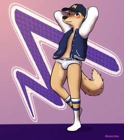 anthro baseball_cap blush blush_lines briefs clothing footwear hat headgear headwear jacket male socks solo tighty_whities topwear underwear white_briefs white_clothing white_underwear ravalska rav_alska canid canine fox mammal hi_res