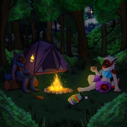 4_fingers 4_toes ambiguous_gender anthro arm_tuft armor barefoot belly_tuft black_claws black_visor blue_armor blue_body blue_chest blue_fur blue_sky blue_tail blush blush_lines campfire camping candy chocolate chocolate_bar claws cloud colored_nails cozy curled_tail dessert digitigrade duo ear_tuft embers exclamation_point feet fingers fire firepit flat_chested fluffy fluffy_tail food forest fur glistening glistening_armor glistening_body glowing glowing_tattoo gradient graham_cracker grass grey_armor grey_ears grey_inner_ear grey_inner_ear_fluff hand_on_ground head_tuft heart_symbol hindpaw holding_food holding_object holding_stick holding_wood inner_ear_fluff leaf leaning leaning_backward leaning_on_hand log machine marshmallow monotone_body mouth_closed nails nature navel neck_tuft night o_o open_mouth outside packaging paws pink_inner_ear pink_inner_ear_fluff plant plastic_bag purple_legs rainbow red_claws red_nails red_tail rock s'more screen shadow shocked short_tail shrub sitting sitting_on_grass sitting_on_log sky smile sparkles star stick surprised tail tail_tuft tattoo tent text toes touching_grass tree tuft two_tone_tail visor white_tail wood cylix cylix_(cylix) nexus_(cylix) protogen 1:1 absurd_res hi_res huge_filesize shaded superabsurd_res wallpaper