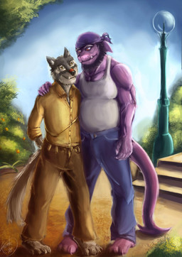 barefoot beard clothed clothing collared_shirt dress_shirt duo facial_hair fangs feet fur grass grey_body grey_fur kerchief outside park plant purple_body shirt standing street_lamp tank_top teeth topwear tree white_clothing white_shirt white_tank_top white_topwear yellow_clothing yellow_shirt yellow_topwear kronte aetherel padzyan_(character) aquatic canid canine canis fish mammal shark wolf absurd_res hi_res source_request