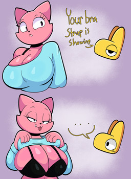 anthro big_breasts blep blue_clothing bra breasts cleavage clothed clothing clothing_lift cute_fangs dialogue duo eyelashes fangs female pink_body pupils shirt shirt_lift simple_background smile teeth text tongue tongue_out topwear underwear yellow_body someth1ngoranother domestic_cat felid feline felis lagomorph leporid mammal rabbit hi_res