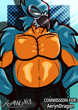 anthro beak black_bottomwear black_clothing black_pants blue_body blue_feathers border bottomwear clothed clothing feathers gradient_background hand_in_pocket light light_beam male male_anthro musclegut muscular muscular_anthro muscular_male pants pockets simple_background slightly_chubby slightly_chubby_anthro slightly_chubby_male smile smiling_at_viewer solo standing text topless topless_anthro topless_male white_border yellow_body yellow_eyes yellow_feathers cabimangaka breath_of_the_wild nintendo the_legend_of_zelda kass_(tloz) avian rito absurd_res commissioner_name hi_res screentone shaded signature