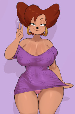 anthro bangs big_breasts biped breasts brown_hair cleavage clothed clothing dress ear_piercing ear_ring female female_anthro front_view gesture glistening glistening_body hair hand_gesture looking_at_viewer mature_anthro mature_female navel navel_outline panties piercing pink_clothing pose purple_clothing ring_piercing simple_background solo suntan tan_line thick_thighs underwear v_sign wide_hipped_anthro wide_hipped_female usnarbit disney goof_troop peg_pete animal_humanoid cat_humanoid felid felid_humanoid feline feline_humanoid humanoid mammal mammal_humanoid colored digital_drawing_(artwork) digital_media_(artwork) hi_res shaded