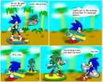 anthro beak bleh blue_body blue_eyes clothing dialogue duo extreme_gear footwear gloves green_body green_eyes handwear humor male plant running shoes taunting teasing text tongue tongue_out tree wood wakeangel2001 sega sonic_riders sonic_the_hedgehog_(series) jet_the_hawk sonic_the_hedgehog accipitrid accipitriform avian bird eulipotyphlan hedgehog mammal comic english_text