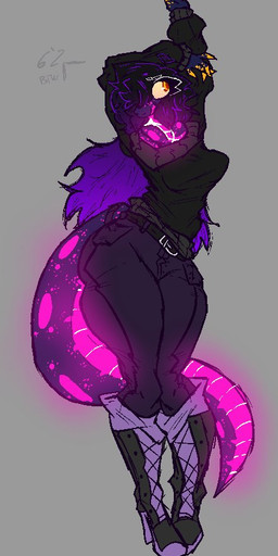anthro belt belt_buckle black_hair boots breasts buckle clothing female footwear hair non-mammal_breasts orange_eyes pink_body pink_scales purple_body purple_scales scales shoes simple_background solo stretching stretching_arms sweater thick_thighs topwear turtleneck mik3hawk amber_(mik3hawk) reptile scalie snake colored