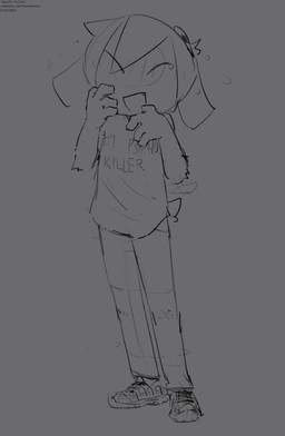 ambiguous_anthro ambiguous_gender anthro bottomwear clothing eyes_closed fangs footwear grey_background open_mouth open_smile pants scut_tail shirt shoes short_tail simple_background smile solo t-shirt tail teeth topwear bravobunny bravo_(bravobunny) lagomorph leporid mammal rabbit full-length_portrait greyscale hi_res monochrome portrait sketch
