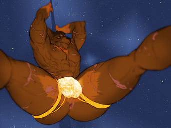 abs anthro anus brown_body brown_fur butt clothed clothing front_view fur gloves_(marking) jockstrap low-angle_view male markings muscular muscular_anthro muscular_male pecs pole scar smile solo spread_legs spreading stripper topless underwear worm's-eye_view fydbac canid canine canis mammal wolf