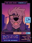 anthro asking asking_what clothing confusion dating_sim dialogue dusk emoticon eyewear floppy_ears gameplay_mechanics glasses hair highlighted_text hoodie laugh male number percentage question retro short_hair sky smile solo star starry_sky street_lamp teeth text text_emphasis topwear vocalization nextel reed_(bearra) canid canine canis domestic_dog mammal digital_media_(artwork) english_text pixel_(artwork) warm_colors