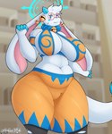 abs anthro bell big_breasts breasts eyewear female fur glasses horn huge_breasts low-angle_view solo tail thick_thighs under_boob white_body white_fur wide_hips lykan284 atlyss angela_flux digital_media_(artwork) hi_res