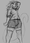 anthro bottomwear bulge clothing femboy haplorhine hi_res male mammal monkey monochrome plu primate shirt shorts solo tail topwear wide_hips zerolativity