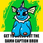 1:1 anthro areola big_breasts blue_body blue_skin blush breasts digital_drawing_(artwork) digital_media_(artwork) eeveelution female frill_(anatomy) generation_1_pokemon get_them_bigass_ears_out_of_the_caption green_background looking_at_viewer membrane_(anatomy) membranous_frill meme neck_frill nintendo nipples nude pink_areola pink_nipples pokemon pokemon_(species) simple_background smile solo vaporeon yellow_background yogurtbeans