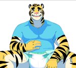 5_fingers anthro biped black_body black_fur blue_clothing blue_shirt blue_topwear clothed clothing diaper fingers fur looking_at_viewer male multicolored_body multicolored_fur open_mouth open_smile shirt simple_background smile solo striped_body striped_fur stripes topwear wearing_diaper white_background yellow_body yellow_fur yellow_sclera daire301 felid mammal pantherine tiger 2022 digital_media_(artwork) hi_res