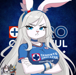 accessory anthro blue_clothing blue_eyes clothing crossed_arms female hair hair_accessory hairband jersey long_ears long_hair pink_nose pouting shirt solo topwear white_body white_hair wristband thepachusan club_cruz_azul liga_mx celeste_(thepachusan) liebre_blu hare lagomorph leporid mammal
