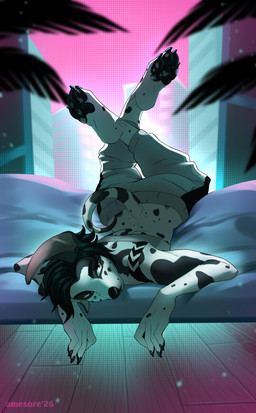 anthro biped butt claws clothed clothed_anthro clothed_female clothing feet female fingers front_view fur hair lying on_front solo spots tail toes omesore canid canine canis domestic_dog mammal 2026 absurd_res digital_drawing_(artwork) digital_media_(artwork) hi_res