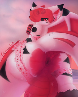 anthro anus balls beach big_balls evening flower fur genitals hair male pink_body pink_fur plant red_hair solo touch(dragon) kicharaxxx mythology dragon mythological_creature mythological_scalie scalie absurd_res hi_res