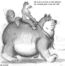 all_fours anthro duo feral leash male nude overweight quadruped riding size_difference straddling tail text bd canid canine canis domestic_dog mammal 2000 english_text greyscale monochrome