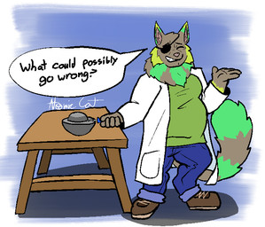 anthro big_tail blue_bottomwear blue_clothing blue_jeans blue_pants boots bottomwear brown_body brown_fur clothed clothing coat denim denim_bottomwear denim_clothing dialogue eye_patch eyewear footwear fully_clothed fur furniture glowing glowing_body glowing_fur green_body green_clothing green_fur green_shirt green_topwear jeans lab_coat male overweight overweight_male pants radiation radioactive screwdriver shirt shoes solo speech_bubble table tail text tools topwear yellow_body yellow_fur atomic_cat demon_core pilot_(katsmilodon) domestic_cat felid feline felis mammal ray_cat 2022 english_text signature