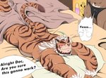 anthro bed bedding belly blanket blush brown_body brown_fur butt clothing duo eyes_closed fur furniture lying male male/male muscular muscular_male nose_steam orange_body orange_fur overweight overweight_male pillow pubes scar smile speedo swimwear text whiskers eruprior lifewonders tokyo_afterschool_summoners hombre_tigre_(tas) shennong_(tas) bovid bovine cattle felid mammal pantherine tiger 2020 absurd_res english_text hi_res