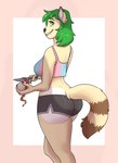 anthro apple black_nose border bottomwear breasts brown_body brown_fur butt butt_focus clothed clothing crop_top dolphin_shorts female food fruit fur green_eyes green_hair hair holding_food holding_knife holding_object hotpants knife looking_back markings peeling pink_border plant pose rear_view shirt shorts simple_background smile solo striped_markings striped_tail stripes tail tail_markings tan_body tan_fur tank_top teeth topwear white_background white_body white_fur bindweed_(artist) hazel_verday domestic_cat felid feline felis hybrid mammal procyonid raccoon 2021 hi_res