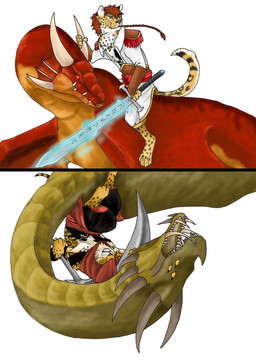 4_horns 6_eyes 8_horns anthro anthrofied barefoot braided_hair clothed clothed_anthro clothed_male clothing countershading dragon_rider epaulet feet feral fully_clothed fully_clothed_anthro fully_clothed_male green_body green_scales group hair horn kerchief long_neck male male_anthro male_feral markings melee_weapon membrane_(anatomy) membranous_wings multi_eye multi_horn orange_hair polearm red_body red_scales riding rune_markings runes scales scythe sharp_teeth sword teeth two_panel_image weapon wings yellow_body yellow_countershading dragonlordrynn european_mythology mythology sacred_(video_game_series) sacred_2 thq_nordic dragon_mage_(sacred_2) fan_character dragon felid jaguar leopard mammal mythological_creature mythological_scalie pantherine scalie western_dragon 2013 digital_media_(artwork) hi_res