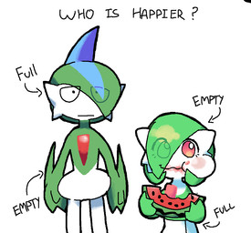cheek_bulge duo eating eating_food female food frown fruit hair hair_over_eye humanoid_pointy_ears looking_at_viewer male melon plant pointy_ears simple_background text watermelon white_background melfunnysmell nintendo pokemon gaba_(melfunnysmell) gallade gardevoir generation_3_pokemon generation_4_pokemon humanoid pokemon_(species) english_text