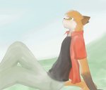 anthro bottomwear brown_pawpads clothing day ears_back from_side fur green_eyes leaning leaning_backward looking_up male orange_body orange_fur orange_tail outside pants pawpads pivoted_ears short_sleeves sitting solo tail tohfu ray_(fecama) canid canine fox mammal sketch